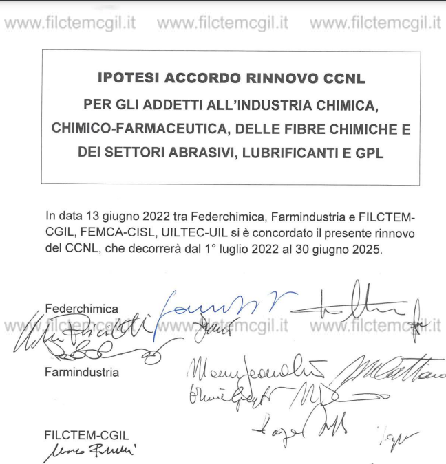 CCNL Chimico-Farmaceutico – Ipotesi di accordo