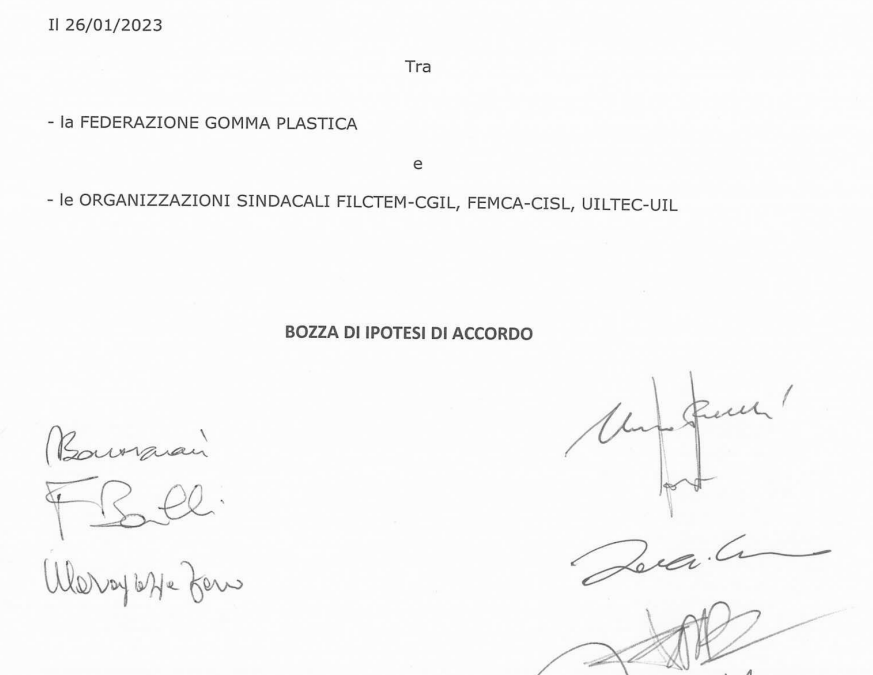 CCNL Gomma Plastica: sottoscritta l’ipotesi di accordo per il rinnovo del contratto