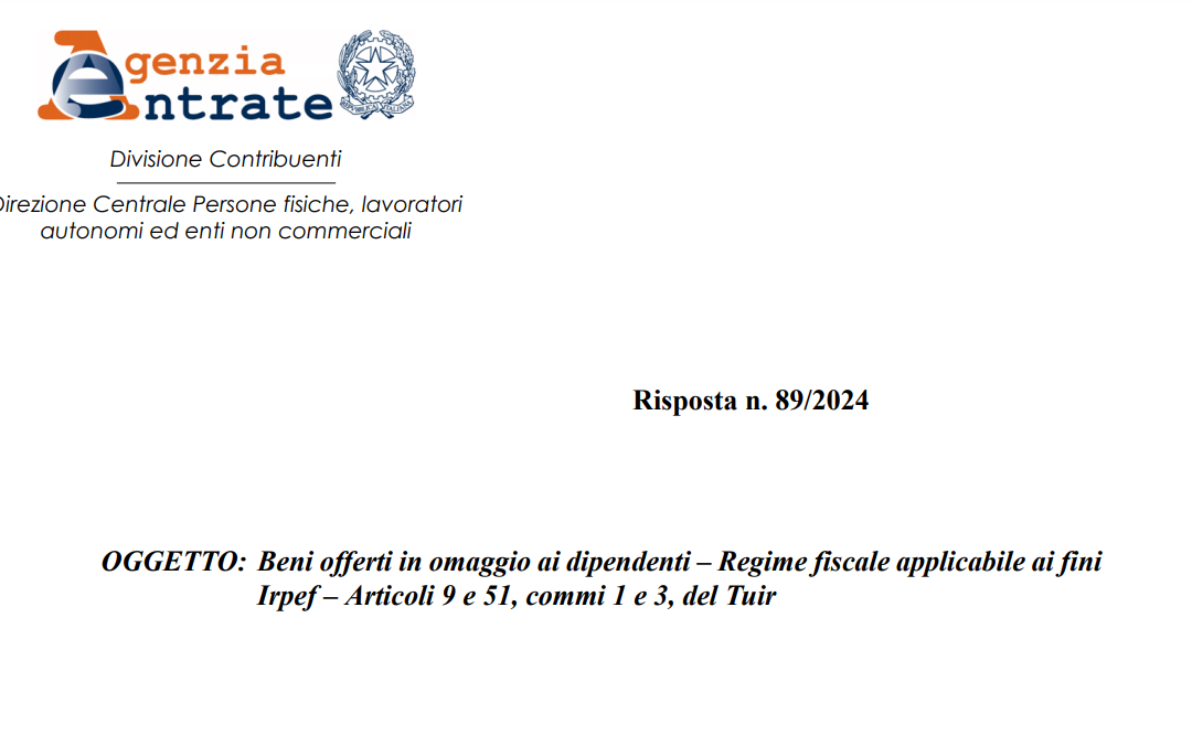 Regime fiscale benefit ai dipendenti – Risposta AE n. 89/2024